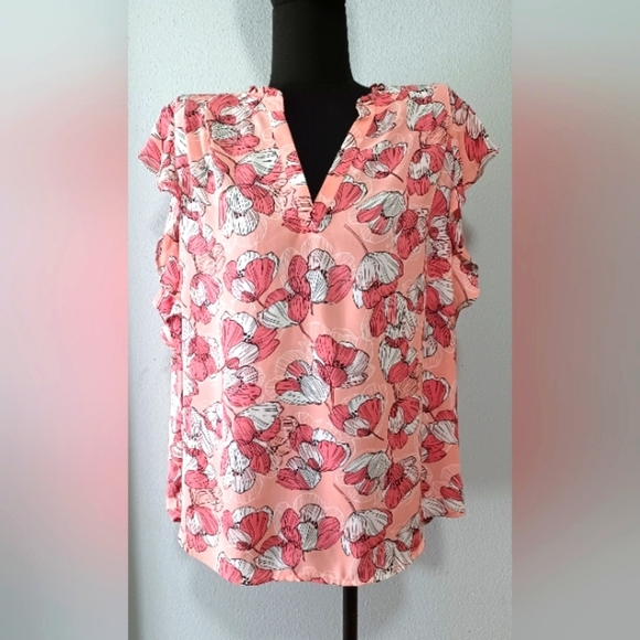 🍒 Liz Claiborne Floral Pink Ruffled Short Sleeve Blouse - Picture 1 of 8
